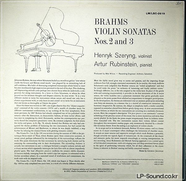 BRAHMS VIOLIN SONATASRUBINSTEIN-SZERYNG LSC 2619