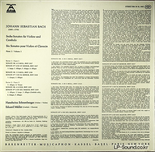 HANSHEINZ SCHNEEBERGER BACH VIOLIN SONATAS 4 5 6  MUSICAPHON