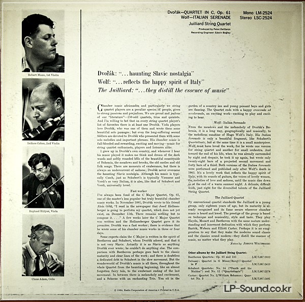 DVORAK WOLF STRING QUARTETJUILLIARD QUARTET RCA  LSC 2524