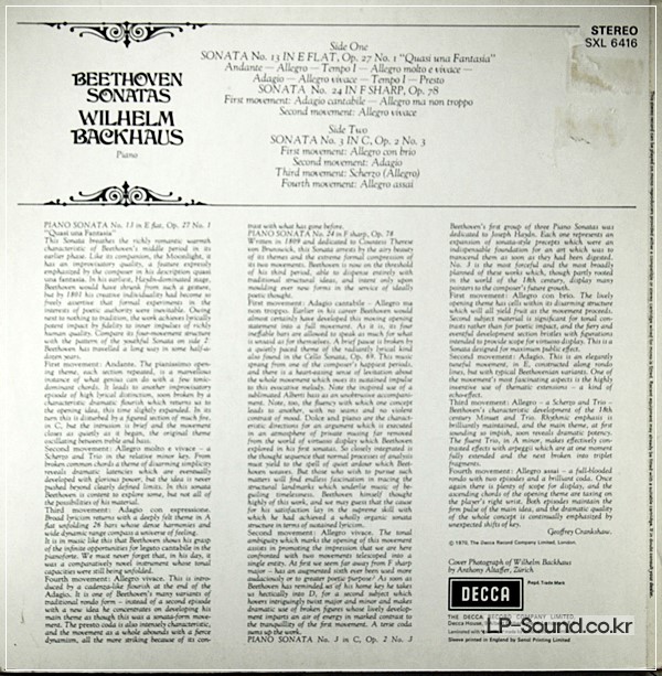 BEETHOVEN SONATAS WILHELM BACKHAUS NO.3.13.24   SXL 6416