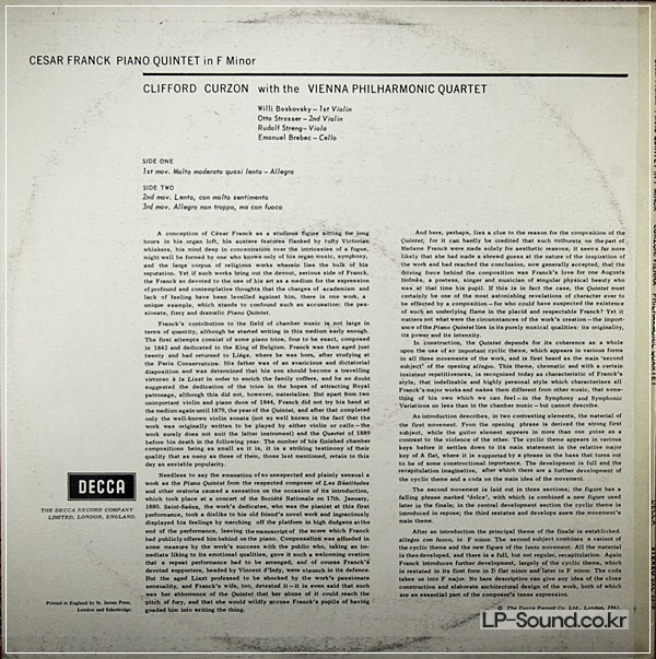 FRANCK PIANO QUINTET, CURZON, VIENNA PO QUARTET  SXL 2278