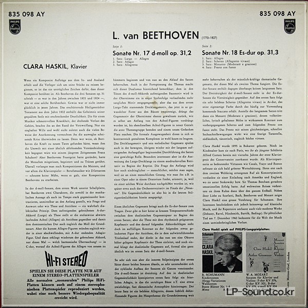 BEETHOVEN SONATA SCLARA HASKIL PHILIPS  835 098 AY STREO