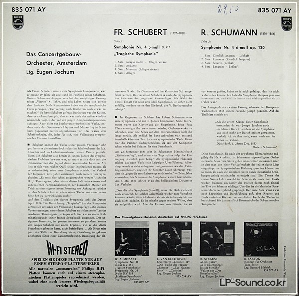 SCHUBERT / SCHUMANN SYMPHONY NO.4 EUGEN JOCHUMPHILIPS HI-FI STEREO 835 071 AY