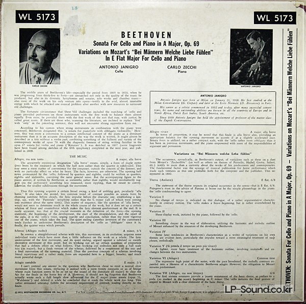 BEETHOVEN CELLO SONATAS- JANIGRO  WESTMINSTER WL 5173