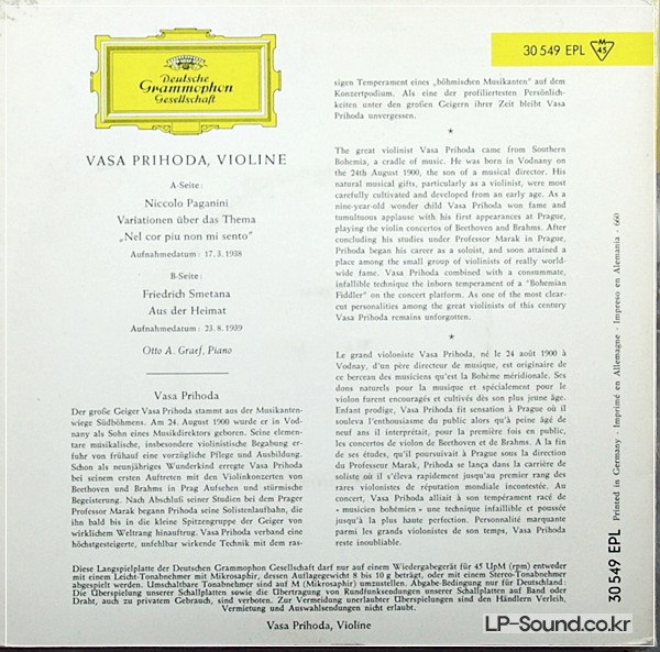 VASA PRIHODA PAGANINI SMETANA DGG ED1 EPL 30549 6/60 SAMPLE 7-INCH