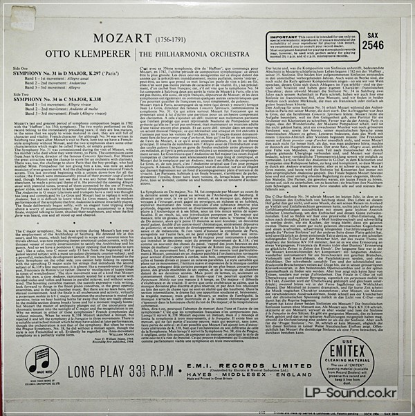 MOZART SYMPHONIES 31 & 34 KLEMPERER  SAX 2546