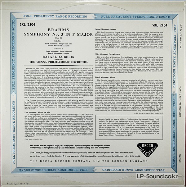 BRAHMS SYM NO 3, KUBELIK, VIENNA PHIL, SXL 2104