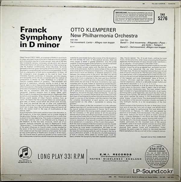 FRANCK SYMPHONY IN D MINOR KLEMPERER  SAX 5276