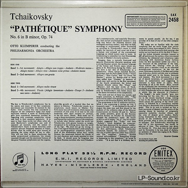 TCHAIKOVSKY PATHETIQUE OTTO KLEMPERER NM /SAX 2458