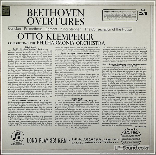 BEETHOVEN : OVERTURES  OTTO KLEMPERER  COLUMBIA SAX 2570