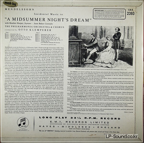 MENDELSSOHN - MIDSUMMER NIGH'T DREAM -  - KLEMPERER  SAX 2393