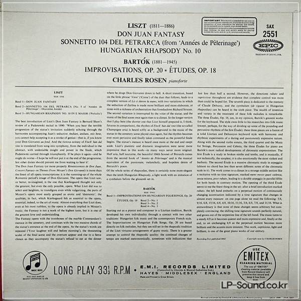 LISZT / BARTOK: PIANO WORKS - CHARLES ROSEN **COLUMBIA SAX 2551 ED1