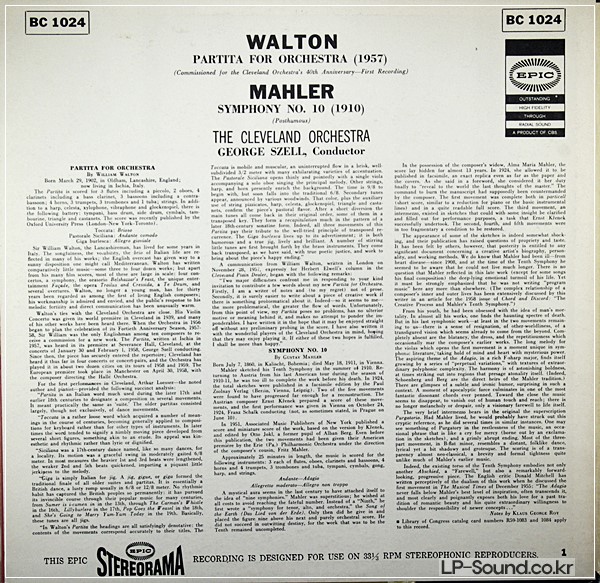 WALTON PARTITA MAHLER SYMPHONY NO.10 EPIC GEORGE SZELLSTEREORAMA BC 1024
