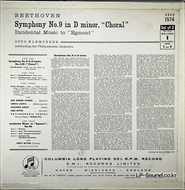 BEETHOVEN SYMPHONY 9, COLUMBIA KLEMPERER  33CX 1574/5 2LP