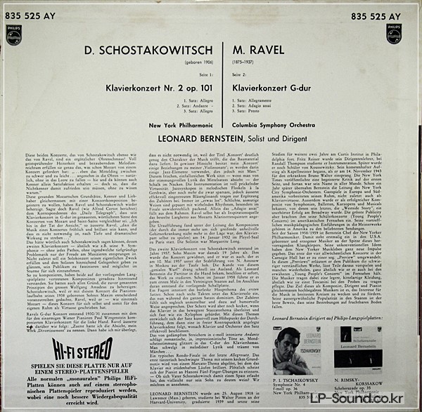 RAVEL, SCHOSTAKOWITCH: CONCERTOS, BERNSTEIN PHILIPS HI-FI, AY 835 525
