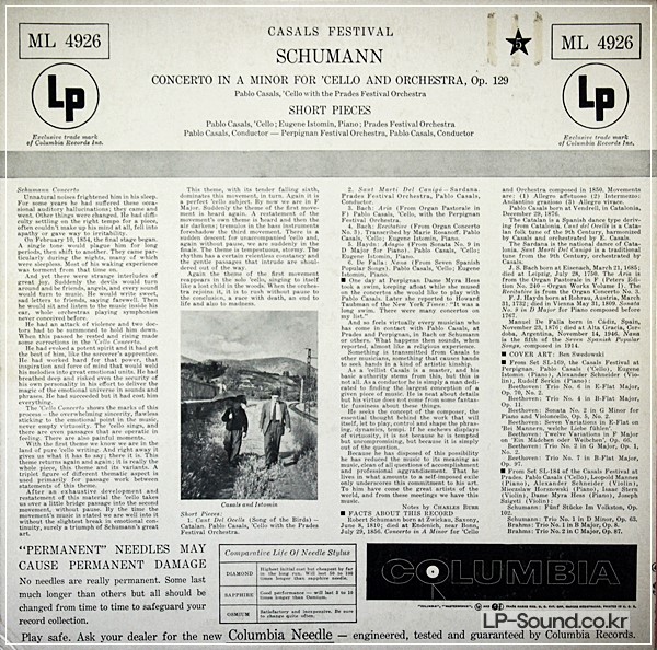 SCHUMANN CELLO CONCERTO ENCORES *CASALS ISTOMIN COLUMBIA ML 4926 *6-EYE
