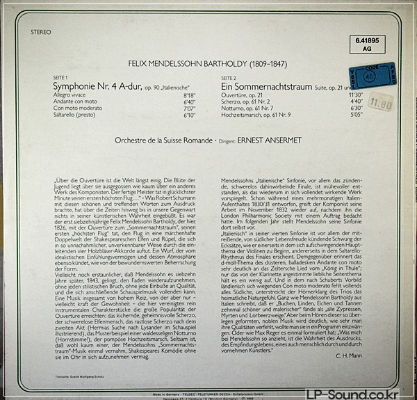 MENDELSSOHN - SYMPHONY NO. 4 ANSERMET ORCH SUISSE ROMAN