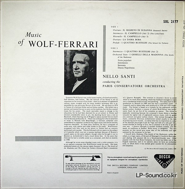 MUSIC OF WOLF-FERRARI* PARIS CONSERVATOIRE* MUSIC OF WOLF – FERRARI SXL 2177