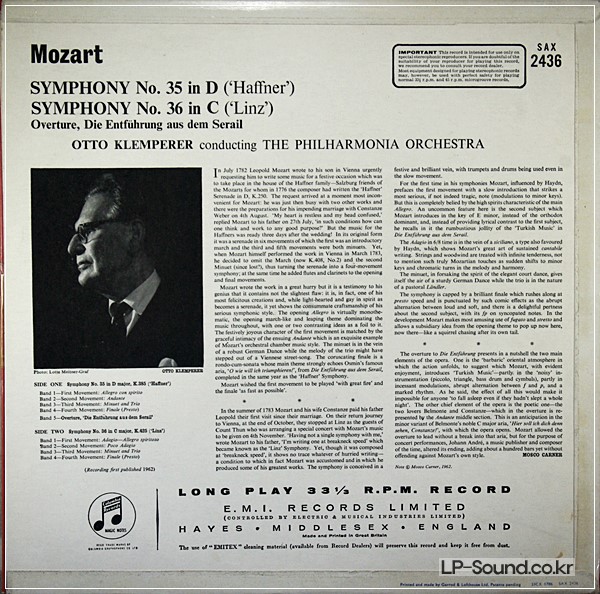 MOZART SYMPHONIES N°35/36 KLEMPERER COLUMBIA SAX 2436 1ED