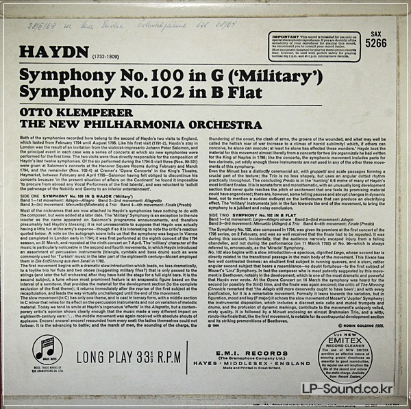 HAYDN: SYMPHONY NOS. 100 & 102 - OTTO KLEMPERER **COLUMBIA SAX 5266 ED1