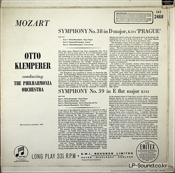 MOZART: SYMPHONIES NOS. 38 & 39 - OTTO KLEMPERER **COLUMBIA SAX 2468 ED1
