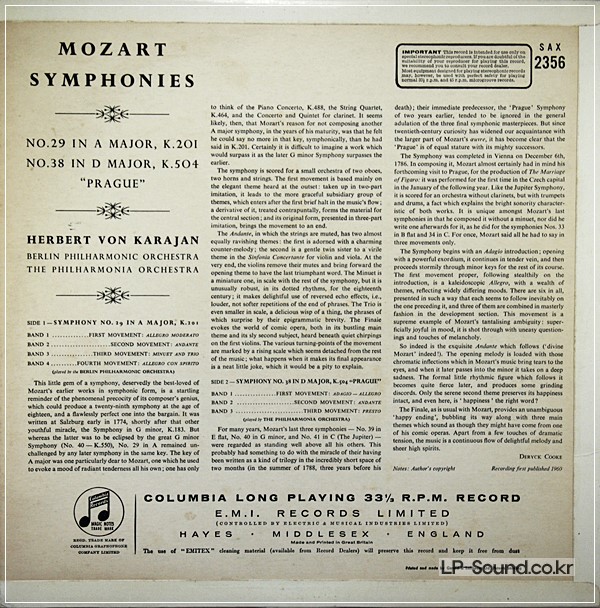 MOZART SYMPHONIES 29 & 38 KARAJAN SAX 2356