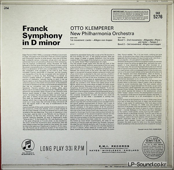 FRANCK SYMPHONY IN D MIN THE NEW PHILHARMONIA ORCH OTTO KLEMPERER SAX 5276