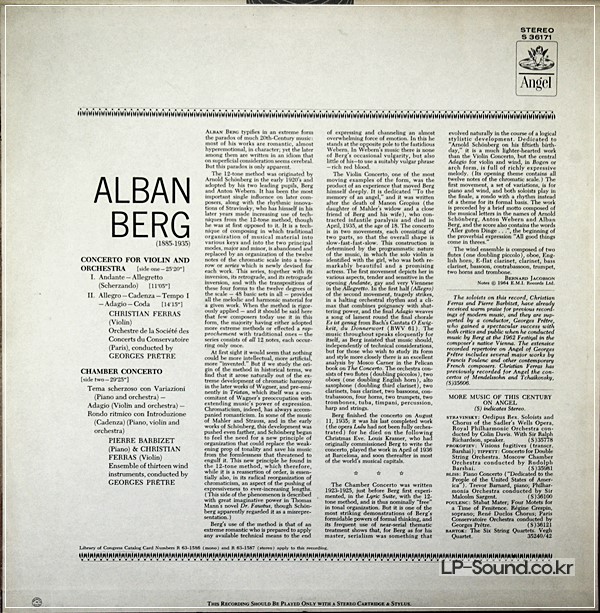 BERG VIOLIN CONCERTO CHRISTIAN FERRAS/PRETRE 1ST ANGEL LP S36171 STEREO