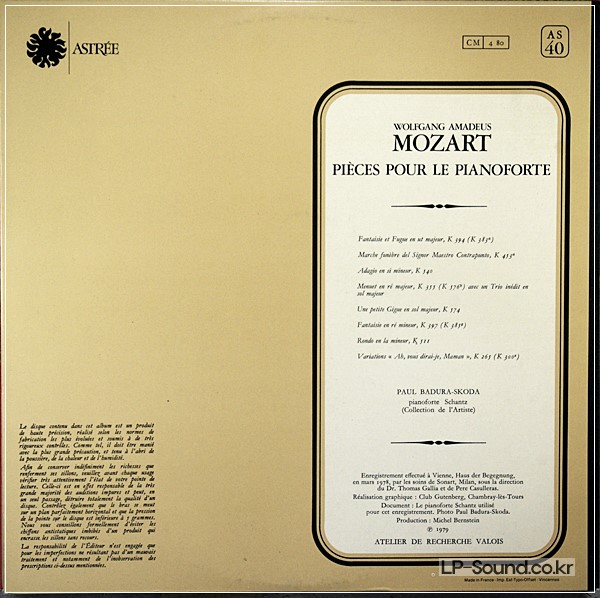 MOZART PIECES POUR LE PIANOFORTE BADURA-SKODA  ASTREE AS 40