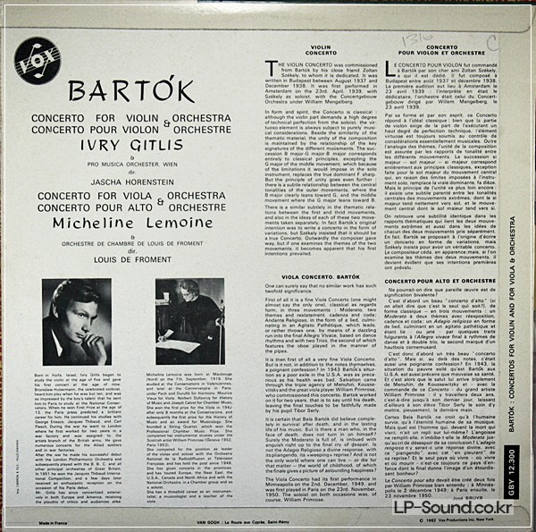 BARTOK : CONCERTO FOR VIOLIN - CONCERTO FOR VIOLA  CBY 12.300 VOX