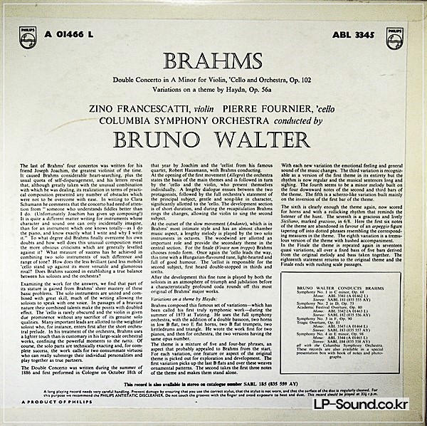 BRAHMS DOUBLE CONCERTO FRANCESCATTI FOURNIER COLUMBIA WALTER  ABL 3345