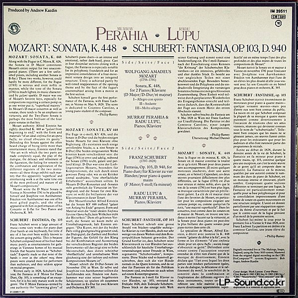 PERAHIA / LUPU MOZART SONATA K.  SCHUBERT FANTASIA 448  CBS MASTERWORKS