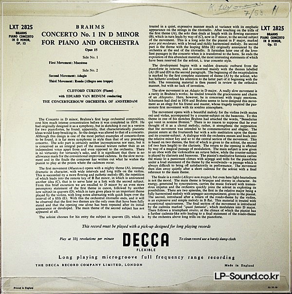 BRAHMS PIANO CONCERTO NO. 1 CURZON BEINUMDECCA LXT 2825
