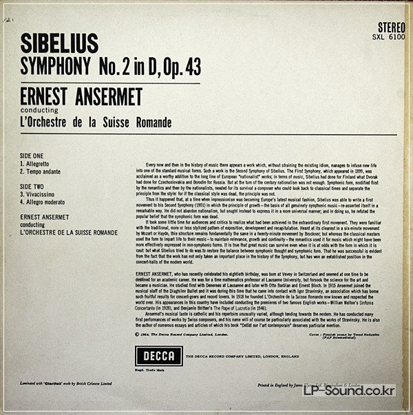 SIBELIUS NO.2 ERNEST ANSERMET SXL 6100