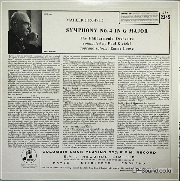 MAHLER, SYMPHONY NO.4, KLETZKI,  EMMY LOOSE  SAX 2345