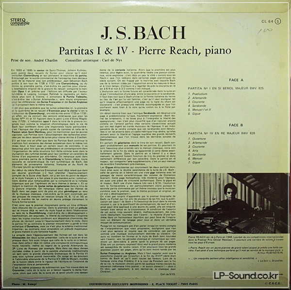 BACH PIANO PARTITA 1 & 4PIERRE REACHANDRE CHARLIN STEREO