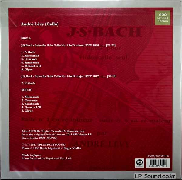 ANDRE LEVY-J.S. BACH - CELLO SUITES 3.5 LP  MONO 600 COPIES LTD EDITION NEW