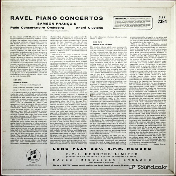 RAVEL: PIANO CONCERTOS - SAMSON FRANCOIS / CLUYTENS **COLUMBIA SAX 2394 ED1