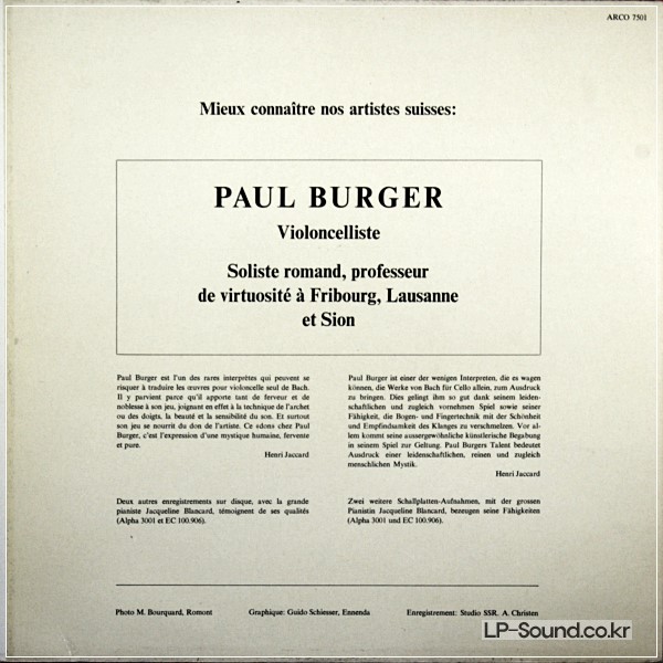 BACH: SOLO CELLO SUITES NOS. 2 & 4 - PAUL BURGER **ARCO 7501 STEREO ED1