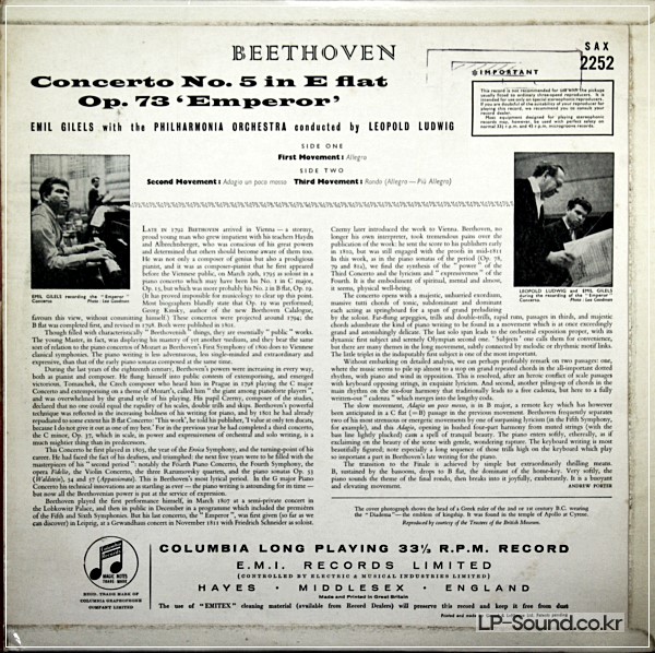BEETHOVEN: 'EMPEROR' CONCERTO - EMIL GILELS **COLUMBIA SAX 2252 ED2