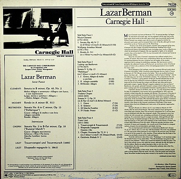 LAZAR BERMAN LIVE AT CARNEGIE HALL CBS MW 2M35903 PROMO AUDIOPHILE