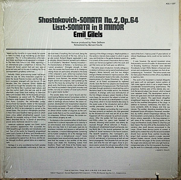 SHOSTAKOVICH SONATA NO.2 LISZT SONATA EMIL GILELS- RCA AGL1-1337