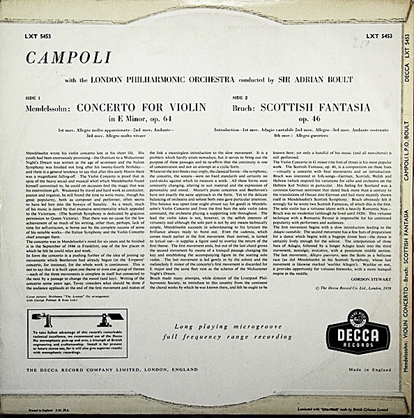 BRUCH: SCOTTISH FANTASIA / MENDELSSOHN - CAMPOLI **DECCA LXT 5453 ED1