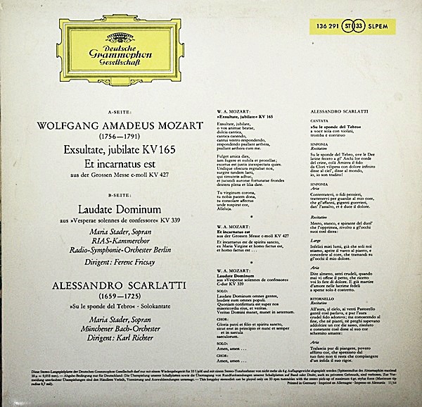 MOZART MARIA STADER - FRICSAY - RICHTER - DGG RED STEREO SLPEM 136 291