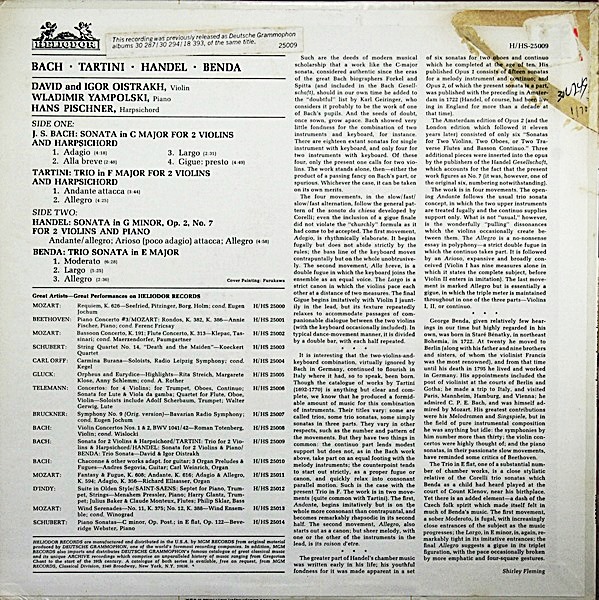 BACH, TARTINI, HANDEL, BENDA - HELIODOR RECORDS - H/HS-25009