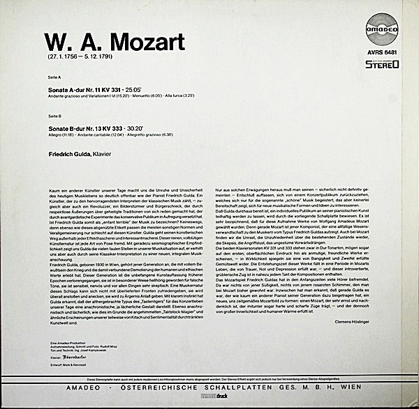 MOZART SONATAS GULDA PIANO AMADEO AVRS 6481