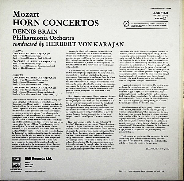MOZART HORN CONCERTOS DENNIS BRAIN KARAJAN PHILHARMONIA ASD 1140