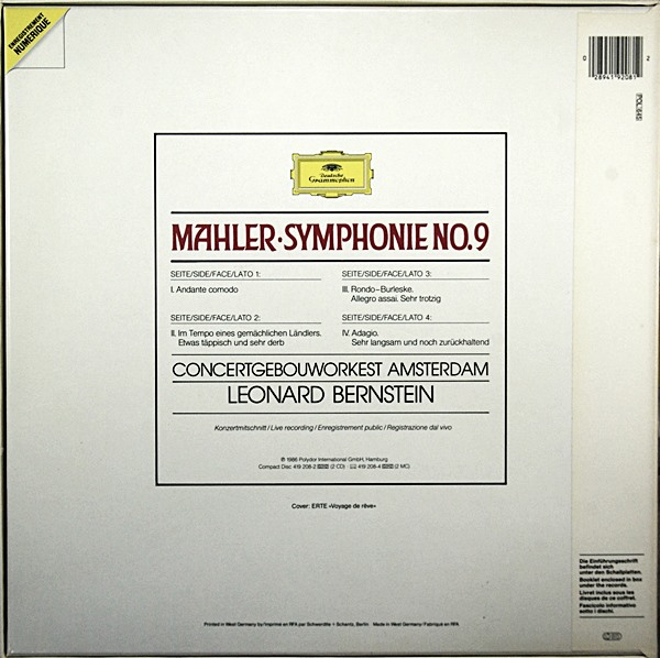 MAHLER SYMPHONY NO. 9 / LEONARD BERNSTEIN DG STEREO 419 209/210-1 2LP