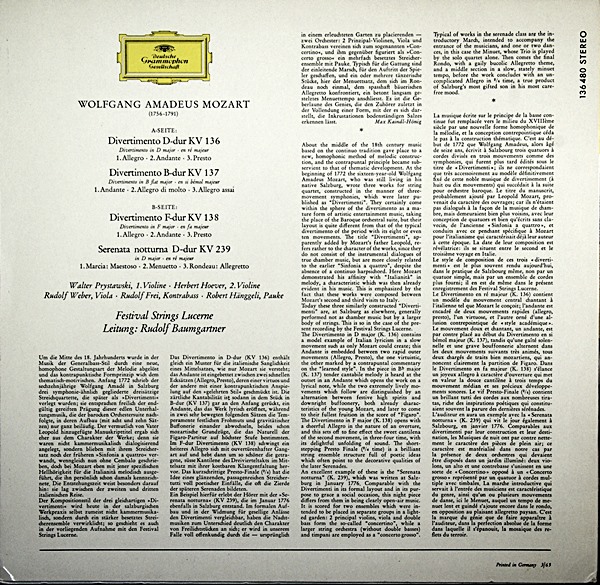 MOZART SERENADE – BAUMGARTNER DGG LP 136 480 SLPEM