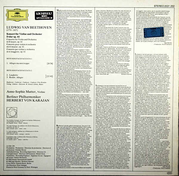 BEETHOVEN - VIOLIN CONCERTO MUTTER / KARAJAN BPO DG 2531 250
